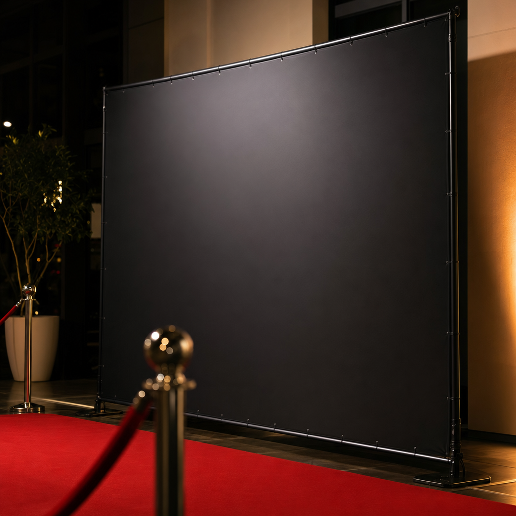 A tall blank fabric step-and-repeat media wall standing on a frame in an event space