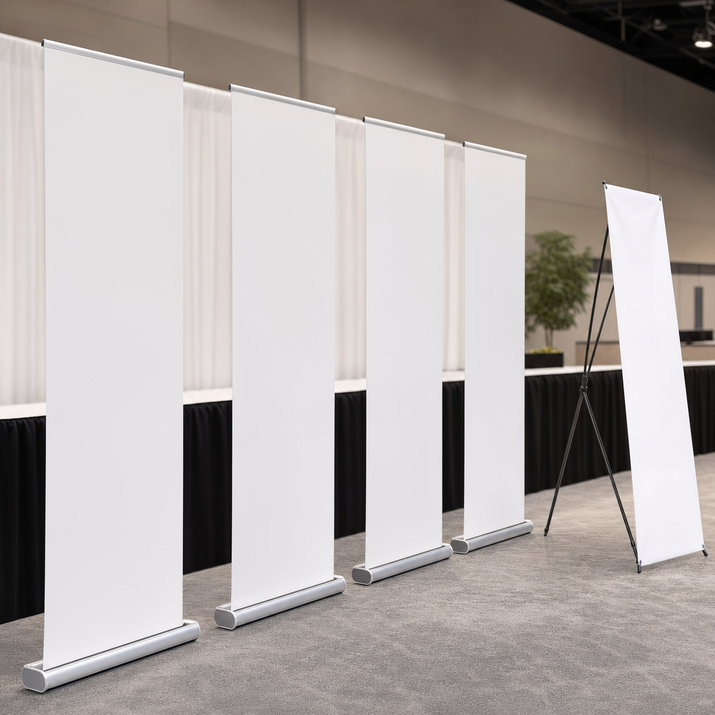 A row of blank retractable roll-up banner stands and an X-stand standing on an event floor