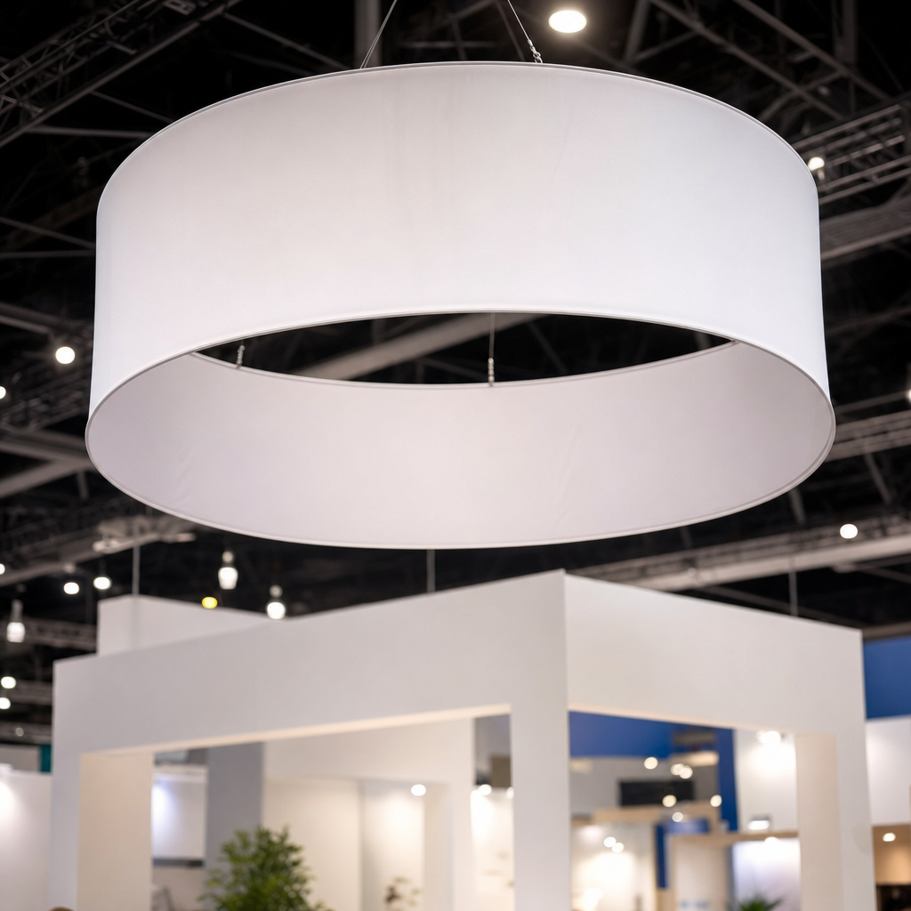 A blank circular fabric hanging sign suspended above a trade show booth in an expo hall