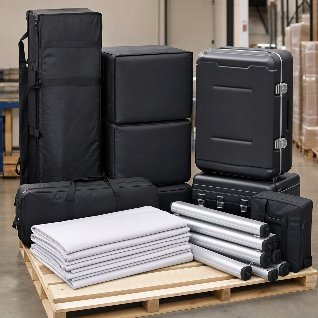 Labeled shipping cases packed with a folded fabric booth display ready to ship to a venue